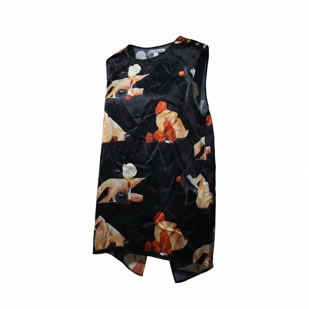 Acne Studios Clair‎ PR Satin Silk Graphic Print Split Back Top Black Size 36 - Picture 2 of 10